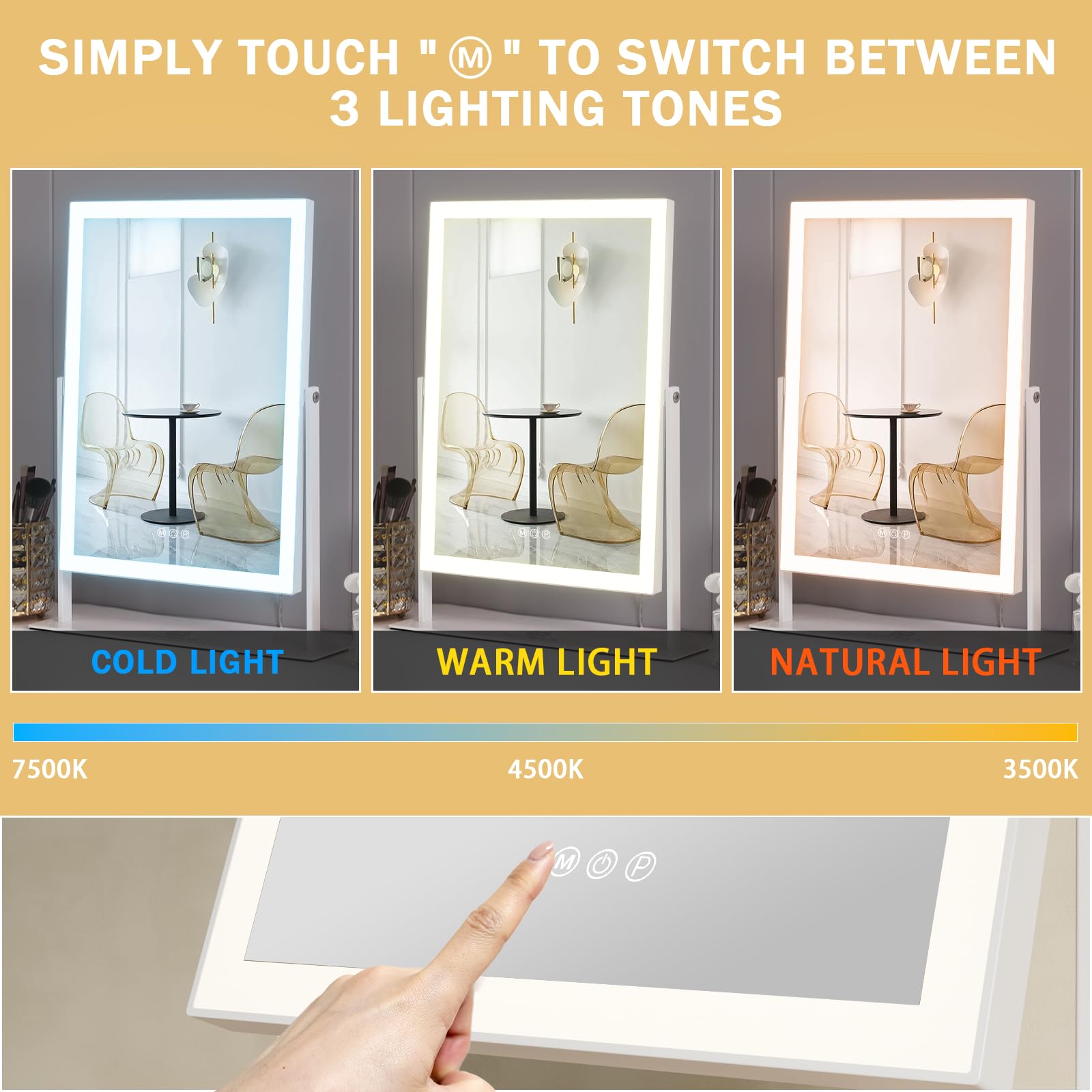 Specchio Da Trucco Hollywood FENCHILIN Con Luce LED – 150 LED, 3 Colori, Dimmerabile, Rotazione 360°, Ingrandimento 10x, Bianco