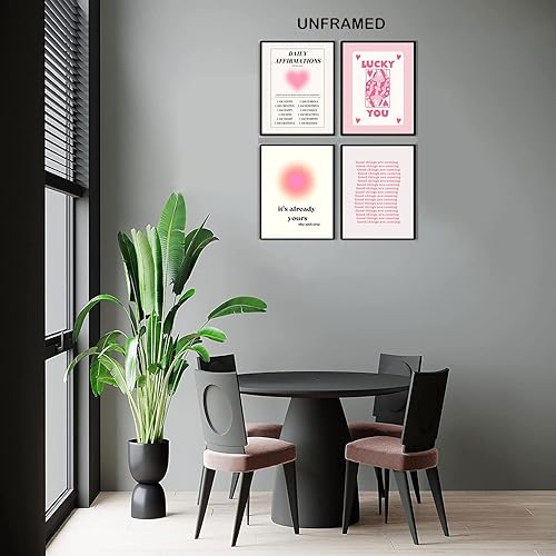 Miniatura 9 de Hwetui Preppy - Pósteres de aura rosa para afirmaciones diarias, arte de pared de moda Y2K, impresiones en lienzo lindo con la suerte que pintas,