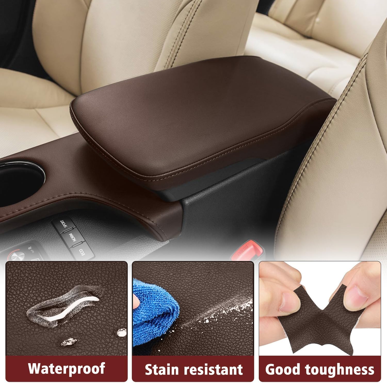 KBH Center Console Armrest Cover Replacement for Toyota Avalon 2013 2014 2015 2016 2017 2018, Vinyl Leather, Car Arm Rest Lid Skin Upholstery, Anti-Scratch, Brown (Without Lid)