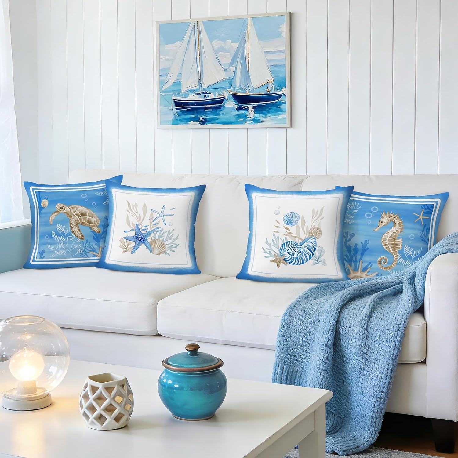 Bonhause Ocean Beach Throw Pillow Covers 18 x 18 Inch Turtle Seahorse Starfish Seashell Coastal Outdoor Blue Decorative Pillows Case for Couch Sofa Bed Home Decor Set of 4 image 3