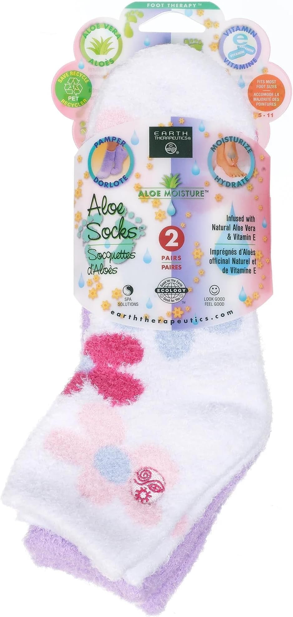Earth Therapeutics Aloe Socks - Double Pack - Flowers/Lavender (2 Pairs)