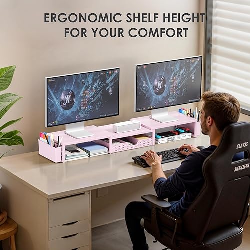 Miniatura 2 de OPNICE Organizador de escritorio rosa y accesorios para mujer, soporte para monitor de computadora doble con cajón y 2 soportes para bolígrafos,