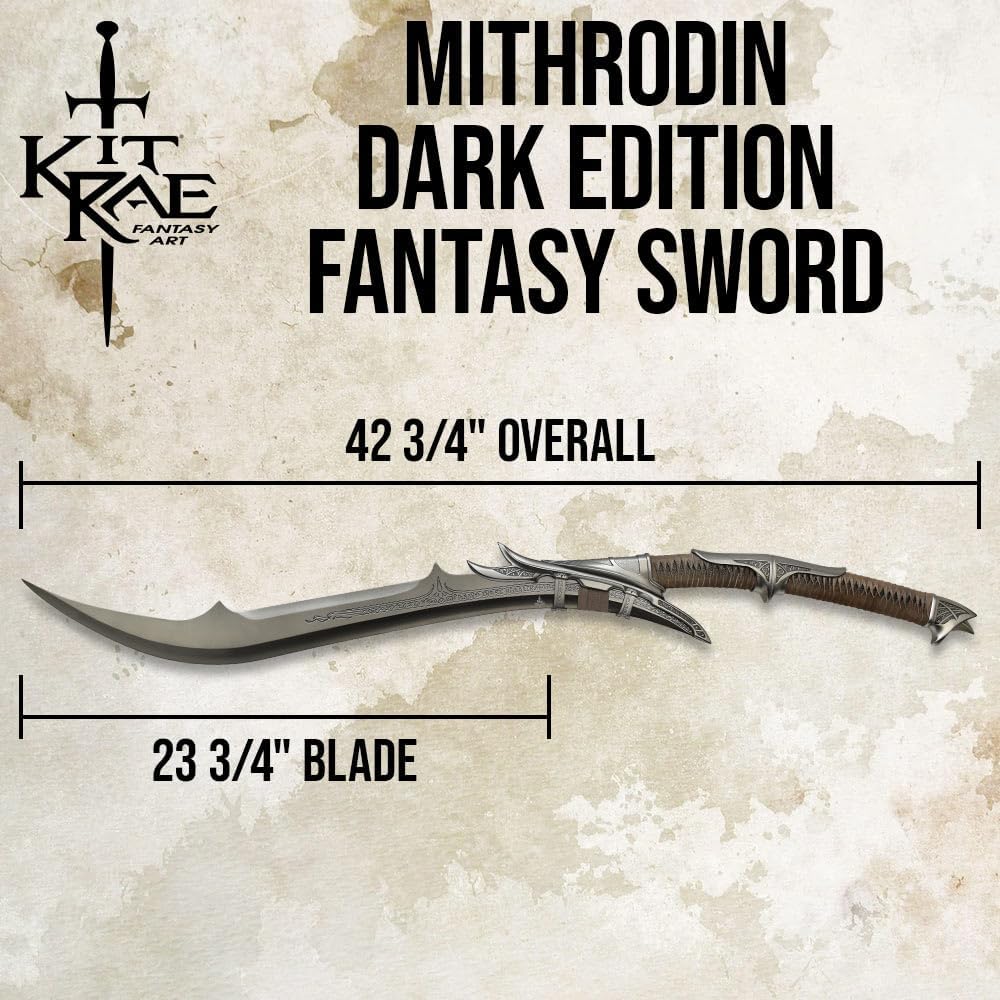 Kit Rae Mithrodin | Dark Edition Fantasy Sword | 23 3/4" Stainless Steel Blade | Dark Iron Finish | Leather Wrapped Handle | Certificate of Authenticity | Premium Fantasy Collectible | Length 42 3/4”