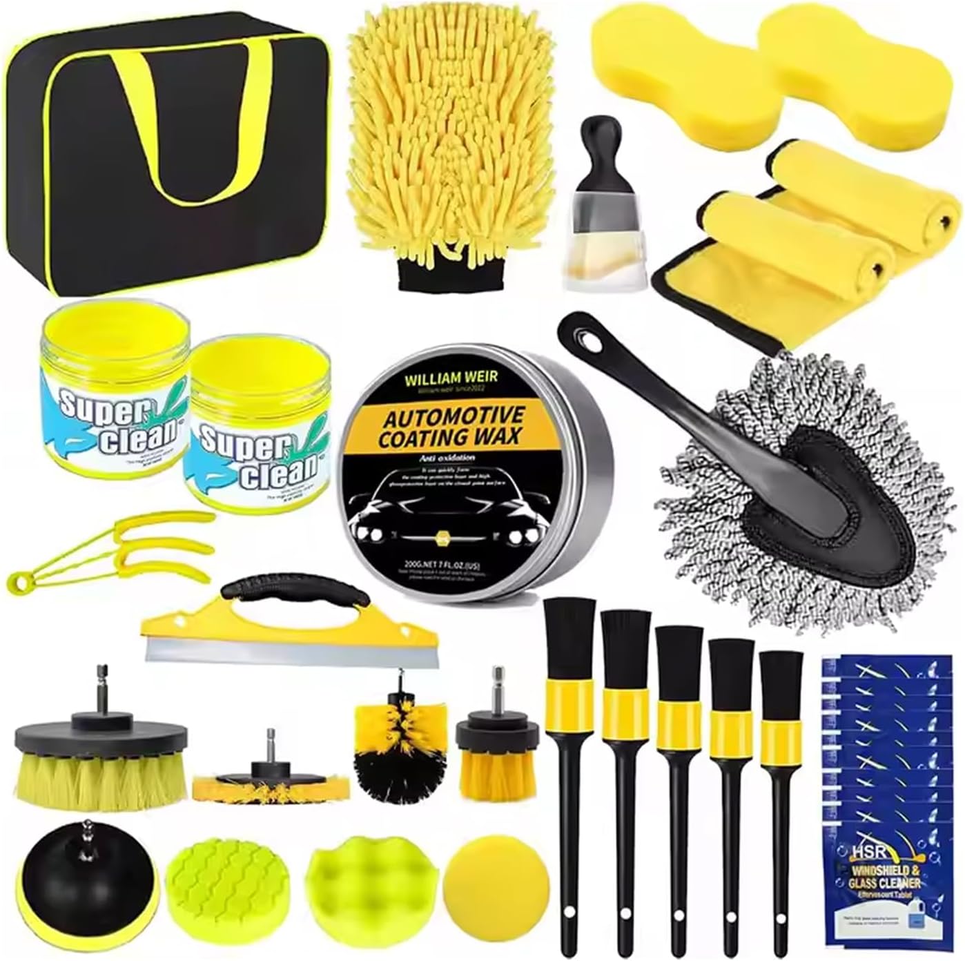 Nazarian 35 Pcs Car Cleaning Kit with Car Wax & Detailing Brush - Cleaning Accessories for Interior Cleaner & Exterior - Microfiber Towels, Wheel Cleaner & Drill Brush, Sponges, Vent Tools