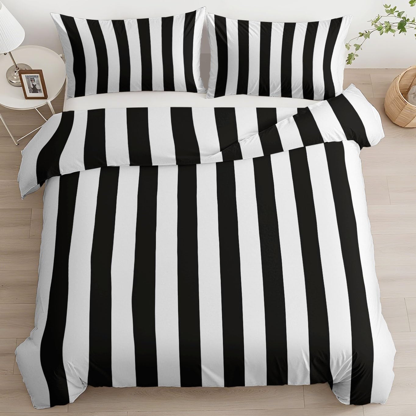 Parure de lit Housse de Couette Rayures Verticales Noir et Blanc 220 x 240 cm Chic