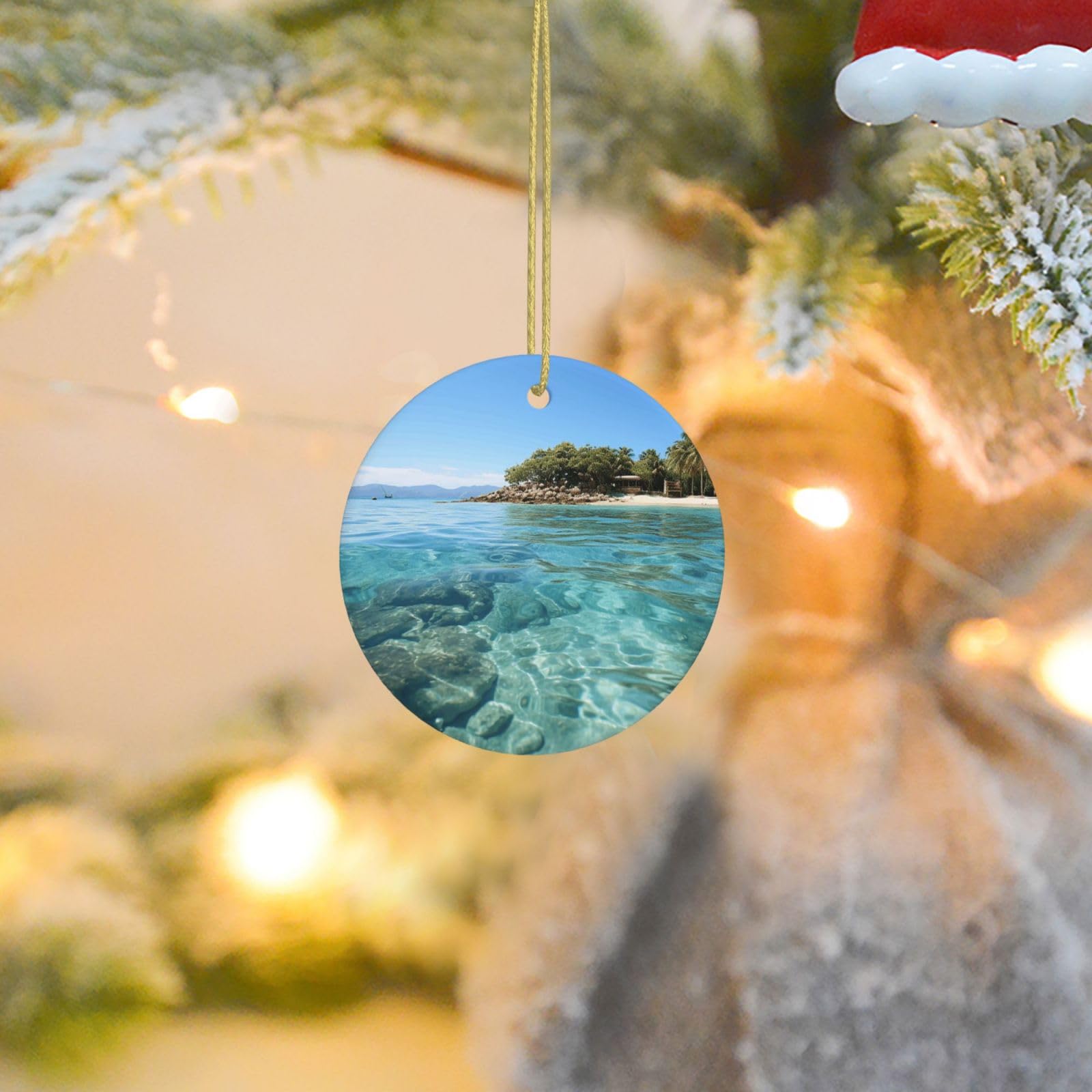 Christmas Tree Ornaments Ceramics Christmas Round Decorations Fiji Island and Clear Sea Ceramics Ornaments Circle Pentagram Xmas Tree Hanging Pendant for Christmas Tree Party Holiday Home Decor