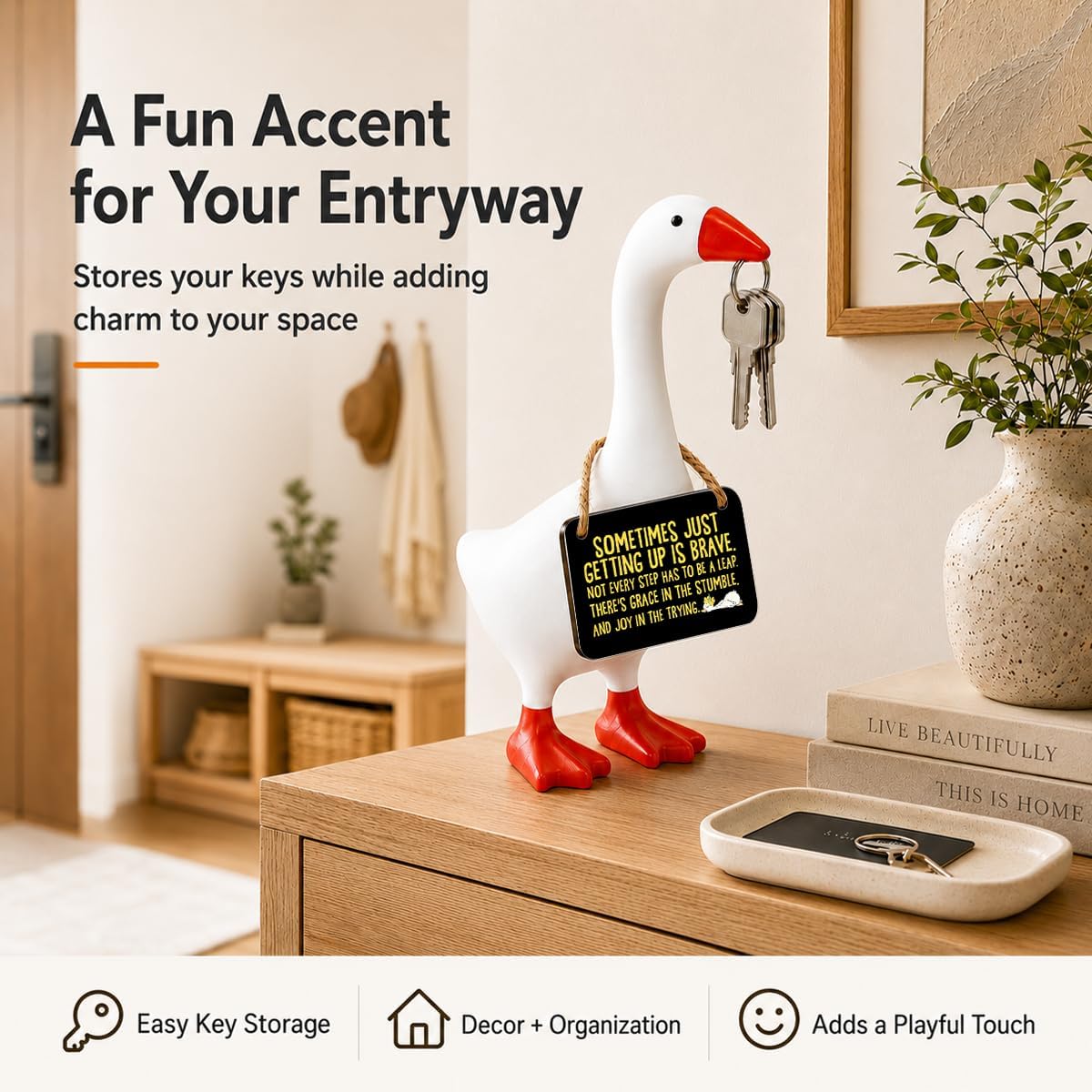 Funny Desk Decor-Sometimes JUST Getting UP is Brave Sign, Magnetic Desk Key Holder with Wooden Sign for Home Entryway, Table, Shelf, Funny Inspirational Gift
