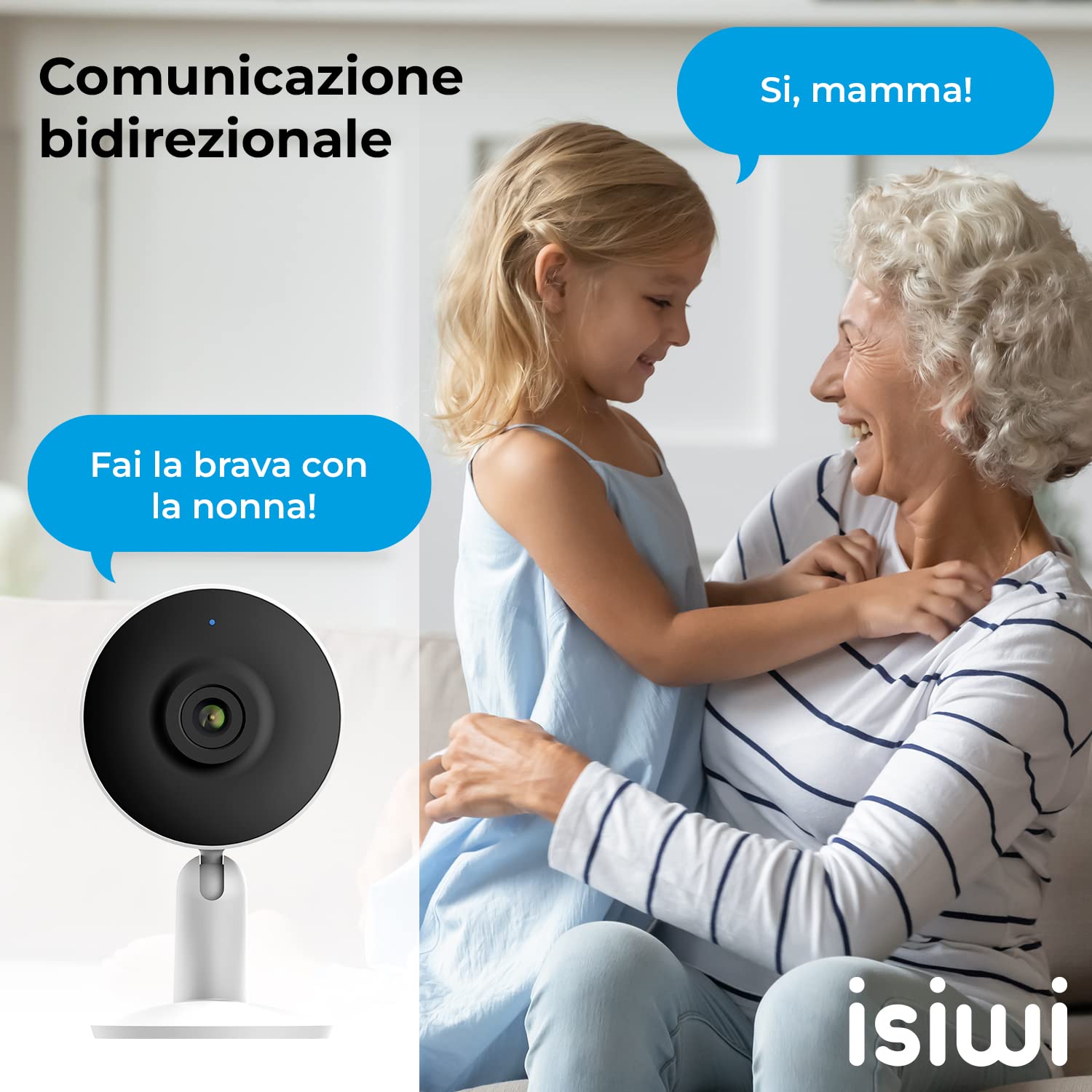Tini Telecamera IP wiFi interno sorveglianza. Rilevazione di movimenti e suoni, Audio bidirezionale, Visione Notturna, Compatibile con Alexa/Google, App per smartphone, 2MP (ISW-BFIT2M)