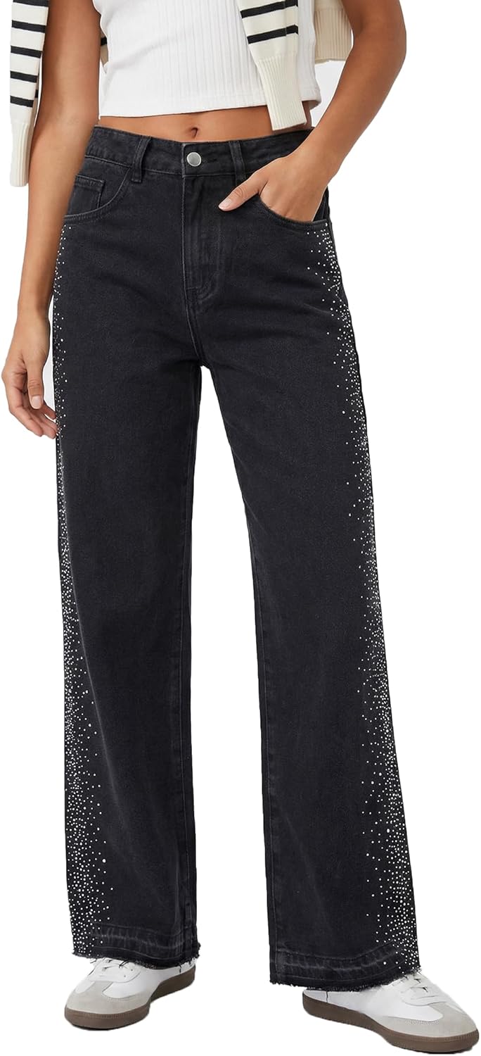 EMMIOL Women's Straight Wide Leg Rhinestone Jeans Trendy High Waisted Sparkly Bling Glitter Denim Pants Boyfriend