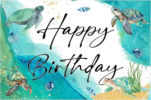 5x3ft Turtle Happy Birthday Backdrop Green - Watercolor Sea Turtle Theme Birthday Decorations Boys Girls, Under The Sea Turtles Themed Photography Background for Ocean Animal Birthday Party