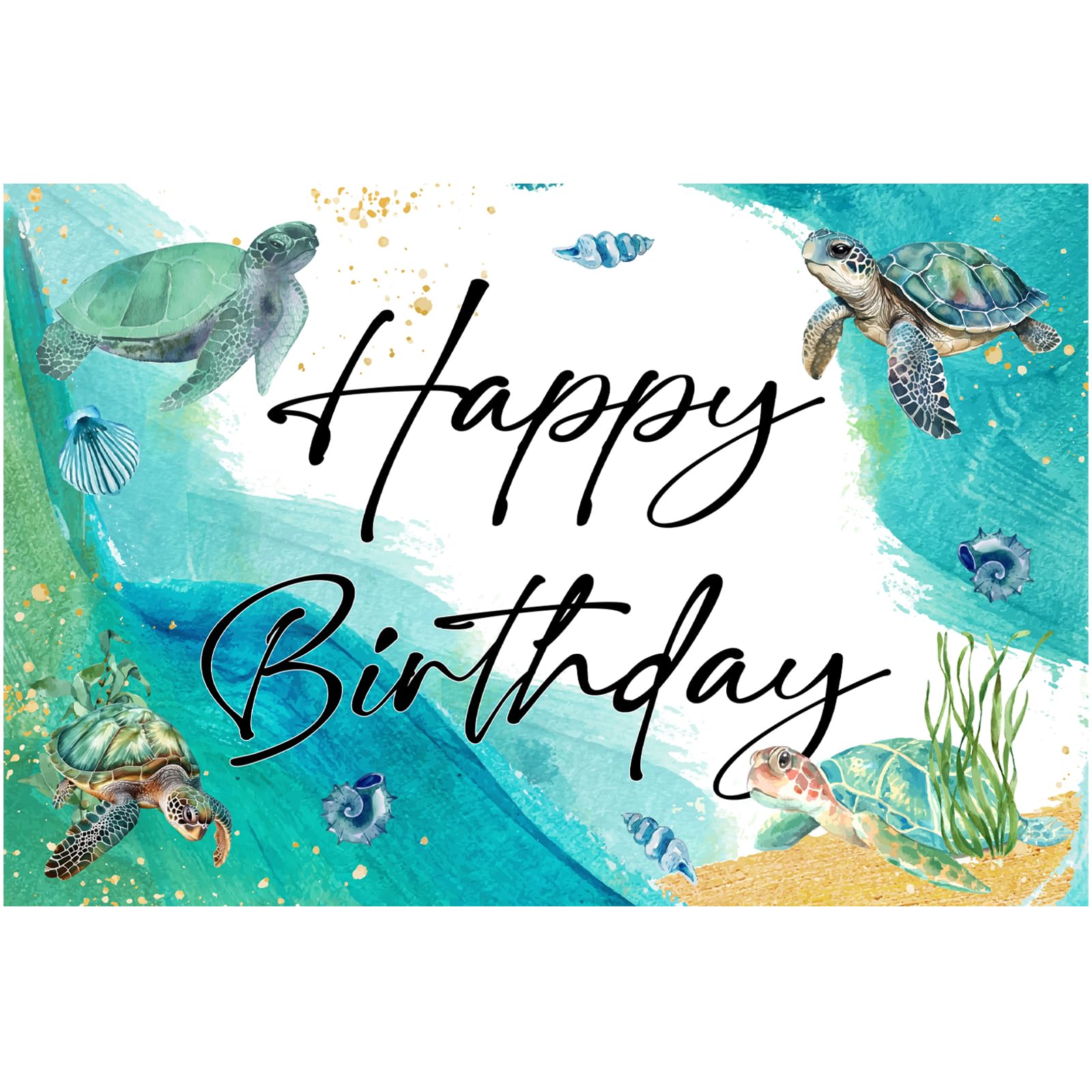 JOYMEMO 5x3ft Turtle Happy Birthday Backdrop Green - Watercolor Sea Turtle Theme Birthday Decorations Boys Girls, Under The Sea Turtles Themed