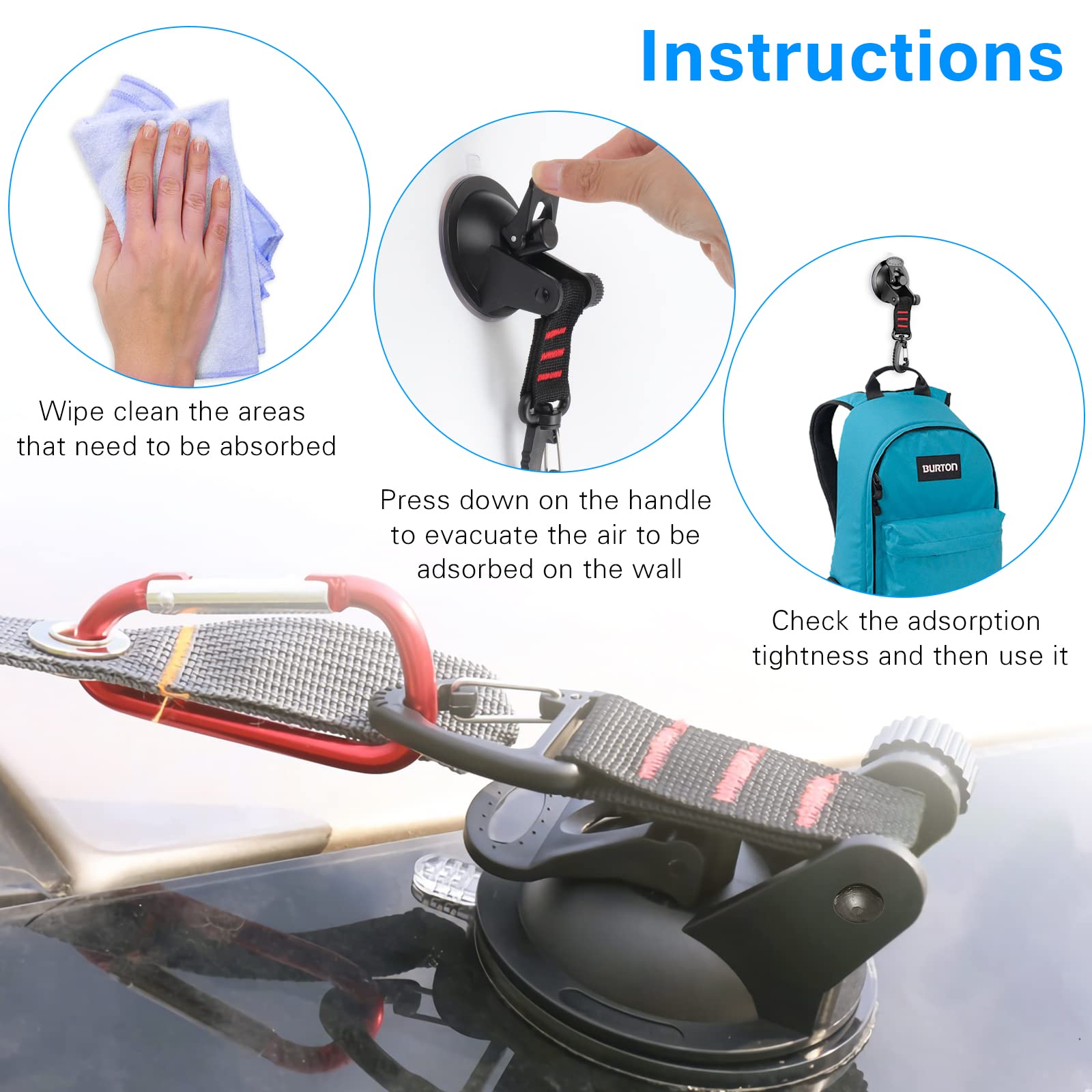 4 Pcs Heavy Duty Suction Cup Anchor, Suction Cups With 360° Rotating