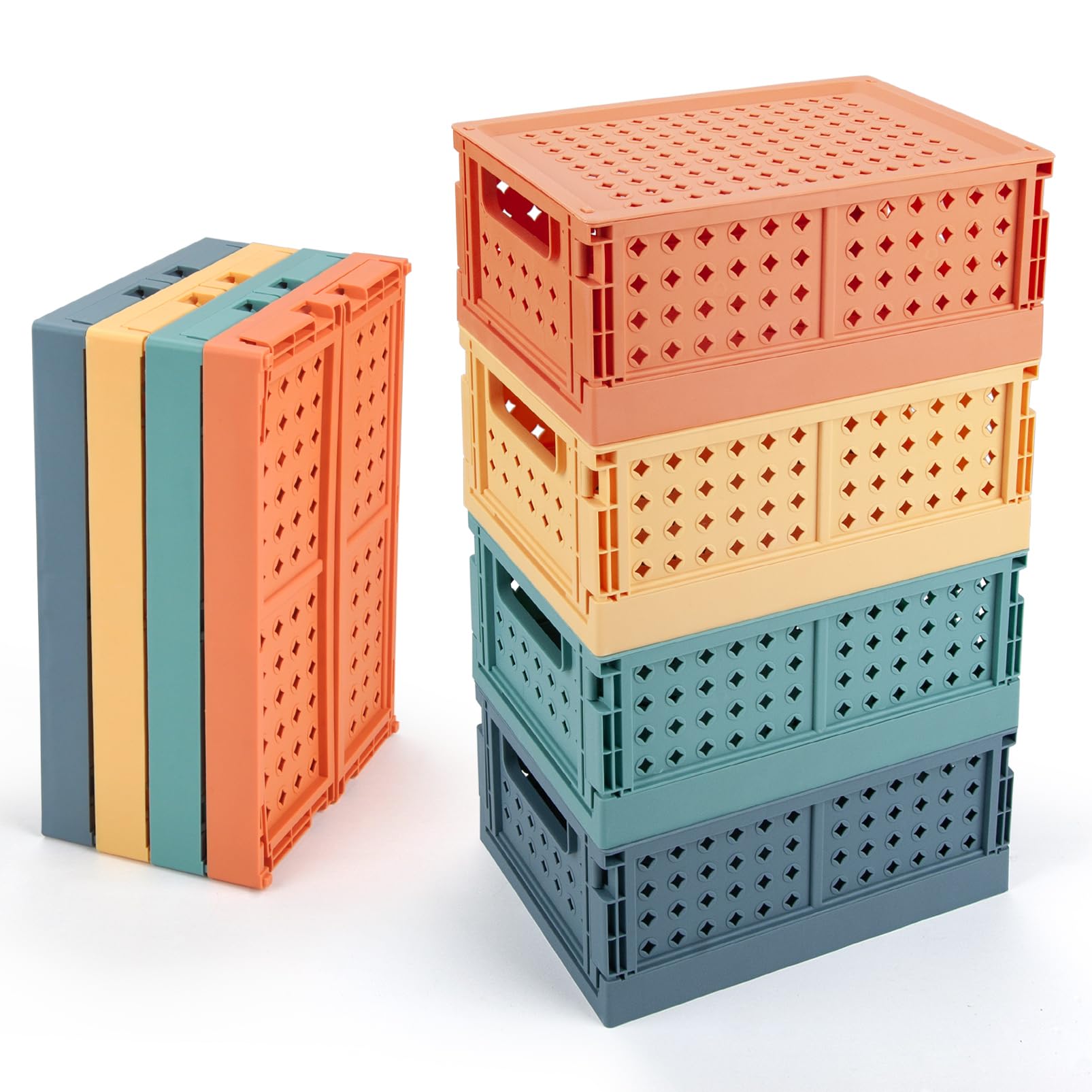 HONZUEN Foldable Plastic Storage Boxes, 4 Units Multipurpose for Organizing Home, Kitchen, Office or Travel - Stackable Containers with Lid, 24x16x10cm