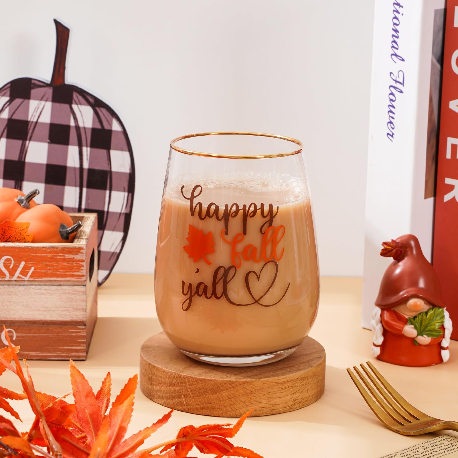 Whaline 2-Pack Fall Stemless Wine Glasses - 17oz, Watercolor Maple Leaf Design, Autumn Party Cups - View #8