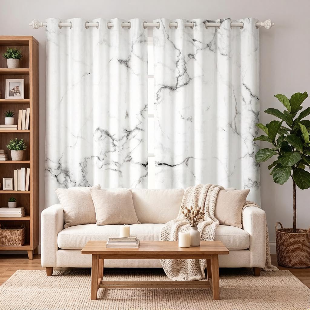 Loussiesd Girls Multicolored 10031 Marble Printed Curtains White Marble Pattern Window Curtain Abstract Art Window Treatments For Children Kids Women Men Simple Black Room Decor W46*L72