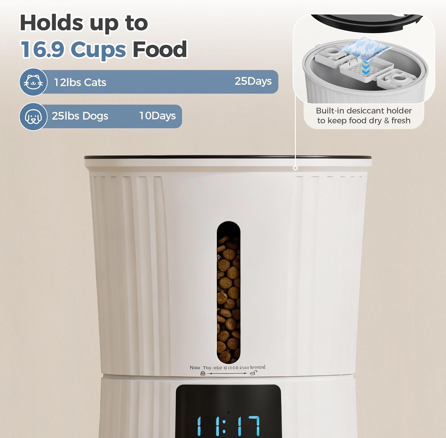 DUMOS 2.4G WiFi Automatic Cat Feeder, 4L Timed Cat Food Dispenser with APP Control, 10s Voice Recorder, Dual Power Supply, Indoor Programmable Pet Feeder with Desiccant for Small Cats and Dogs, White