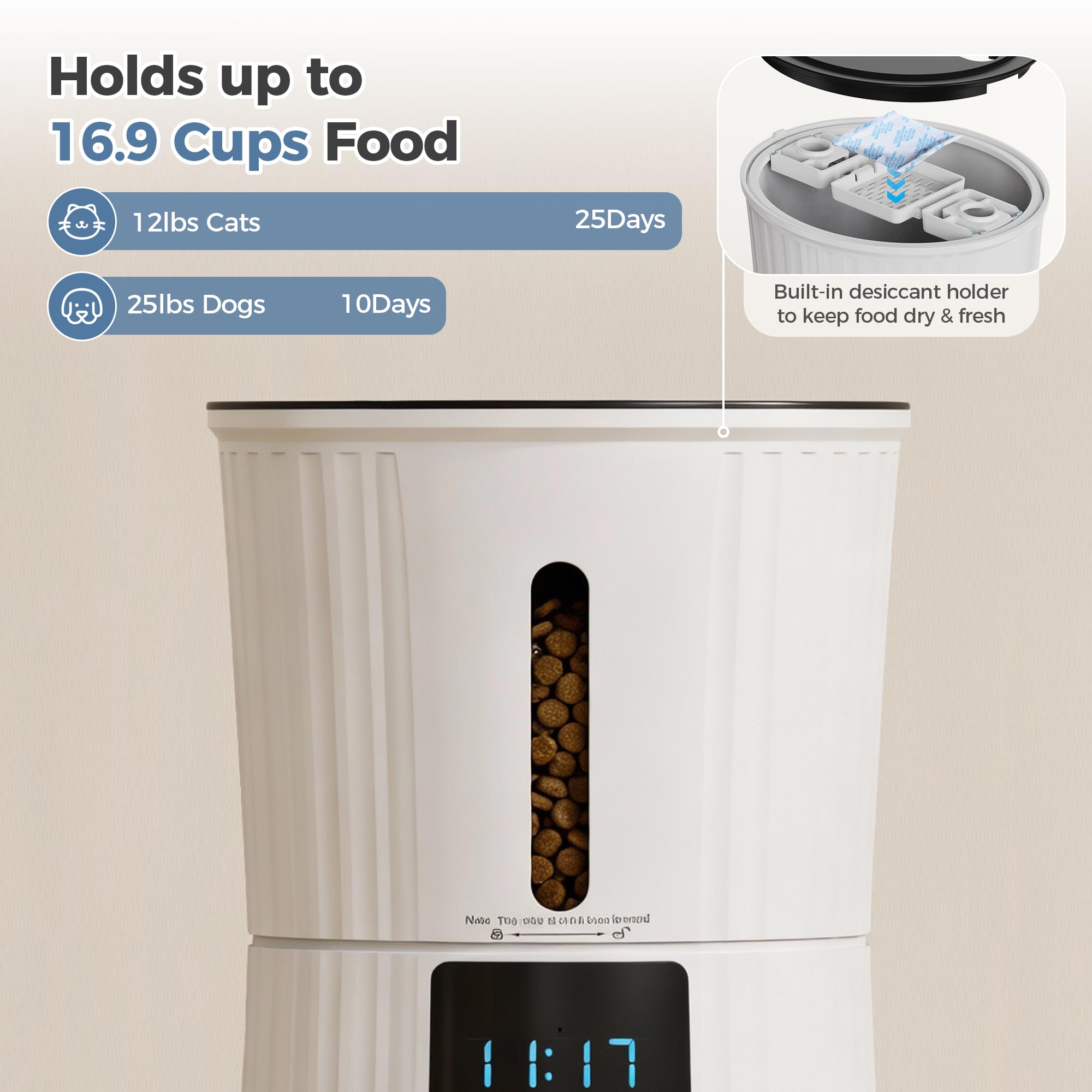 DUMOS Automatic Cat Feeder, 4L Timed Cat Food Dispenser with APP Control, 10s Voice Recorder, Dual Power Supply, 2.4G WiFi Indoor Programmable Pet Feeder with Desiccant for Small Cats and Dogs, White - image 4