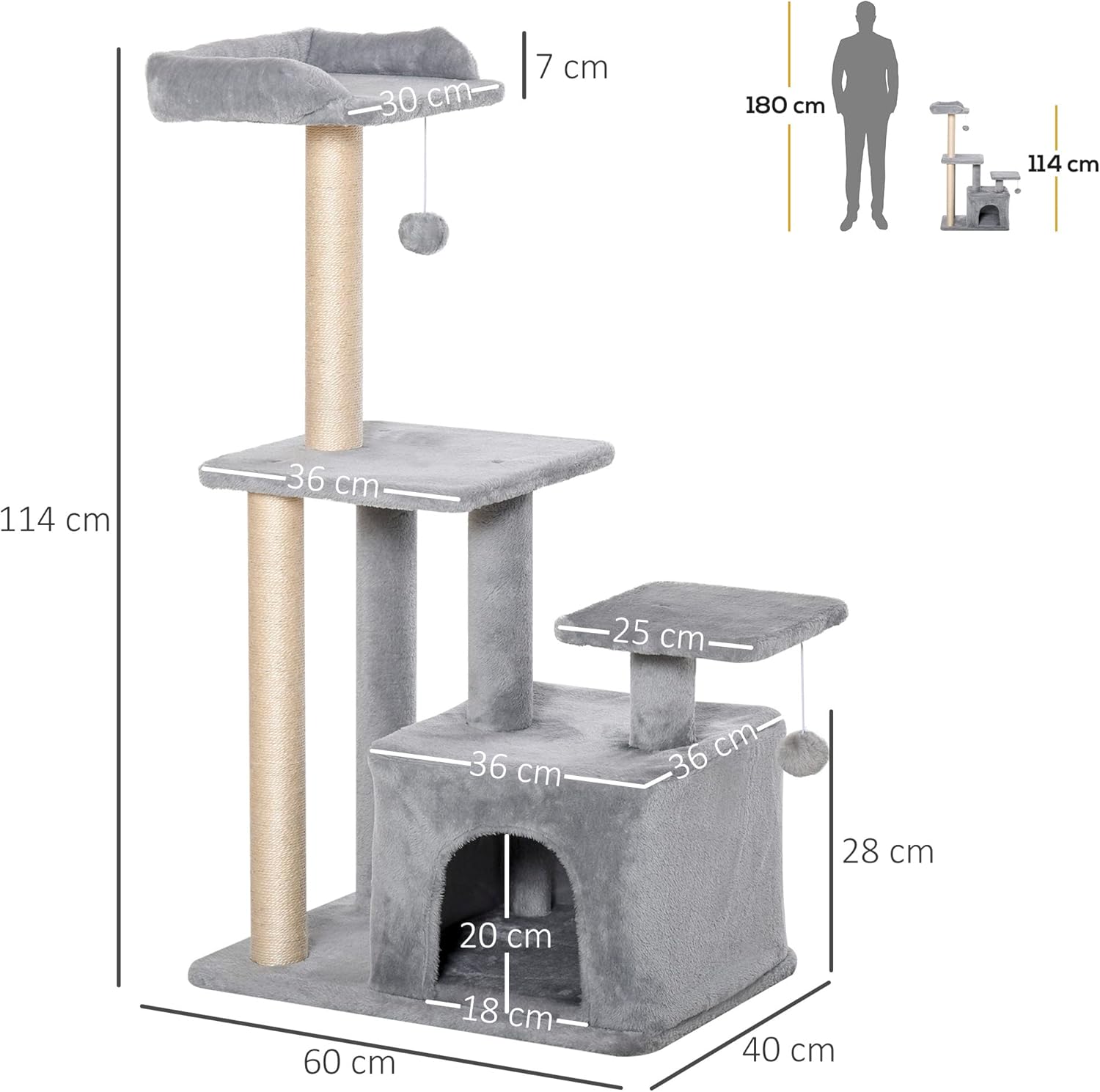 PawHut Cat tree Tower 114cm Climbing Activity Centre Kitten with Sisal Scratching Post Perch Hanging Ball Condo Toy Light Grey