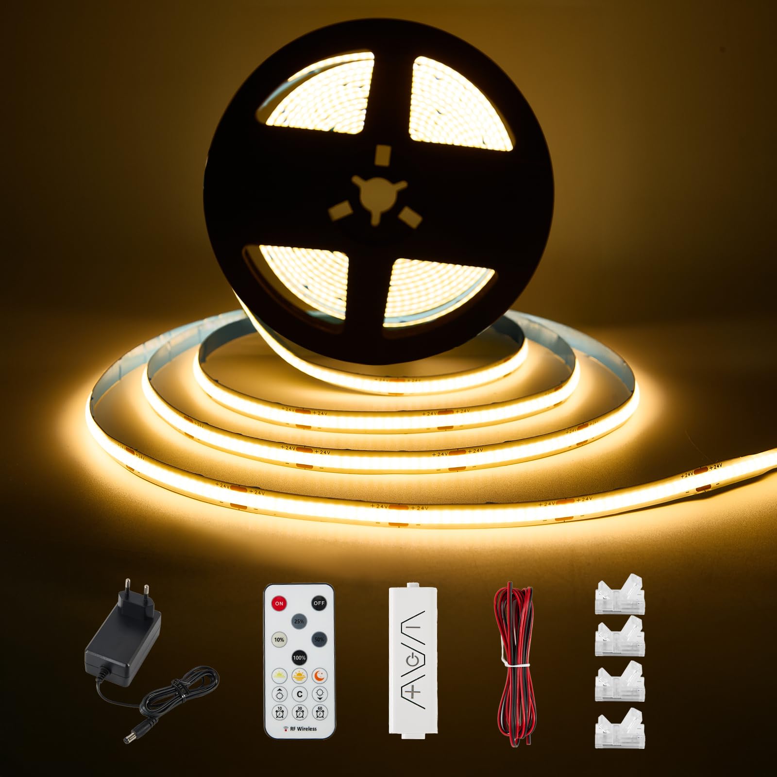 Enteenly Striscia LED COB Bianco Caldo 3 Metri, Kit Luce Striscia Sottopensile con Telecomando RF per Vetrina, Cucina, Scrivania, Mensola, Armadio, con Adattatore 24V, 2700K