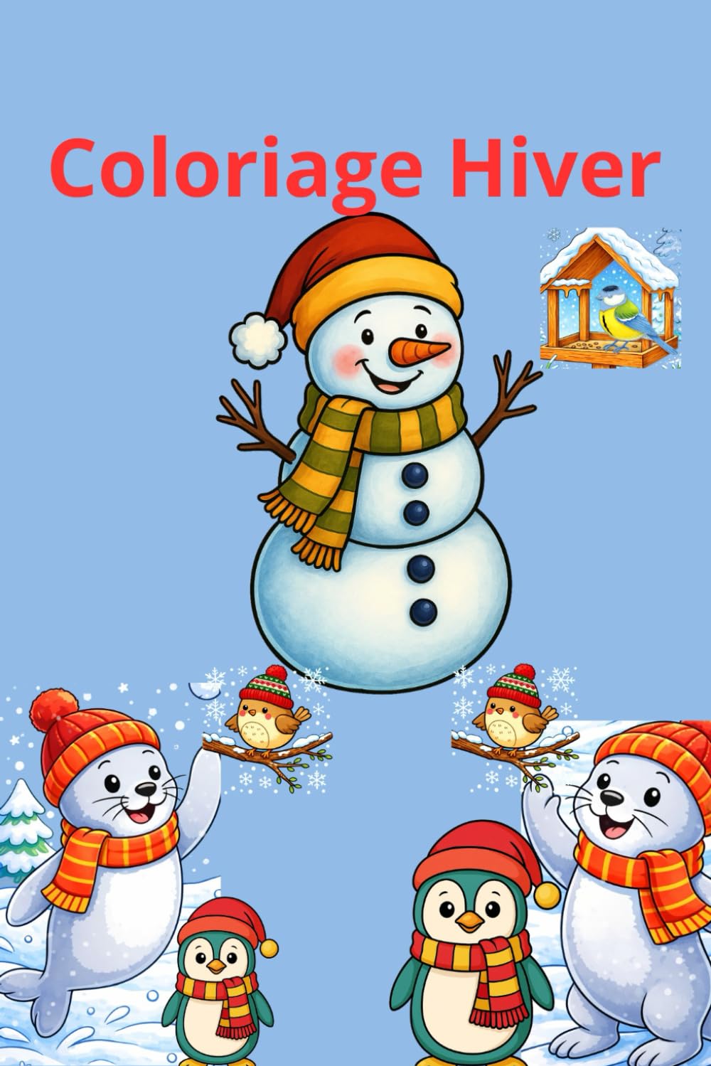 Coloriage Hiver: De jolies images sur le thème de l’hiver : bonhommes de neige, animaux rigolos paysages enneigés, flocons scintillants et scènes chaleureuses.