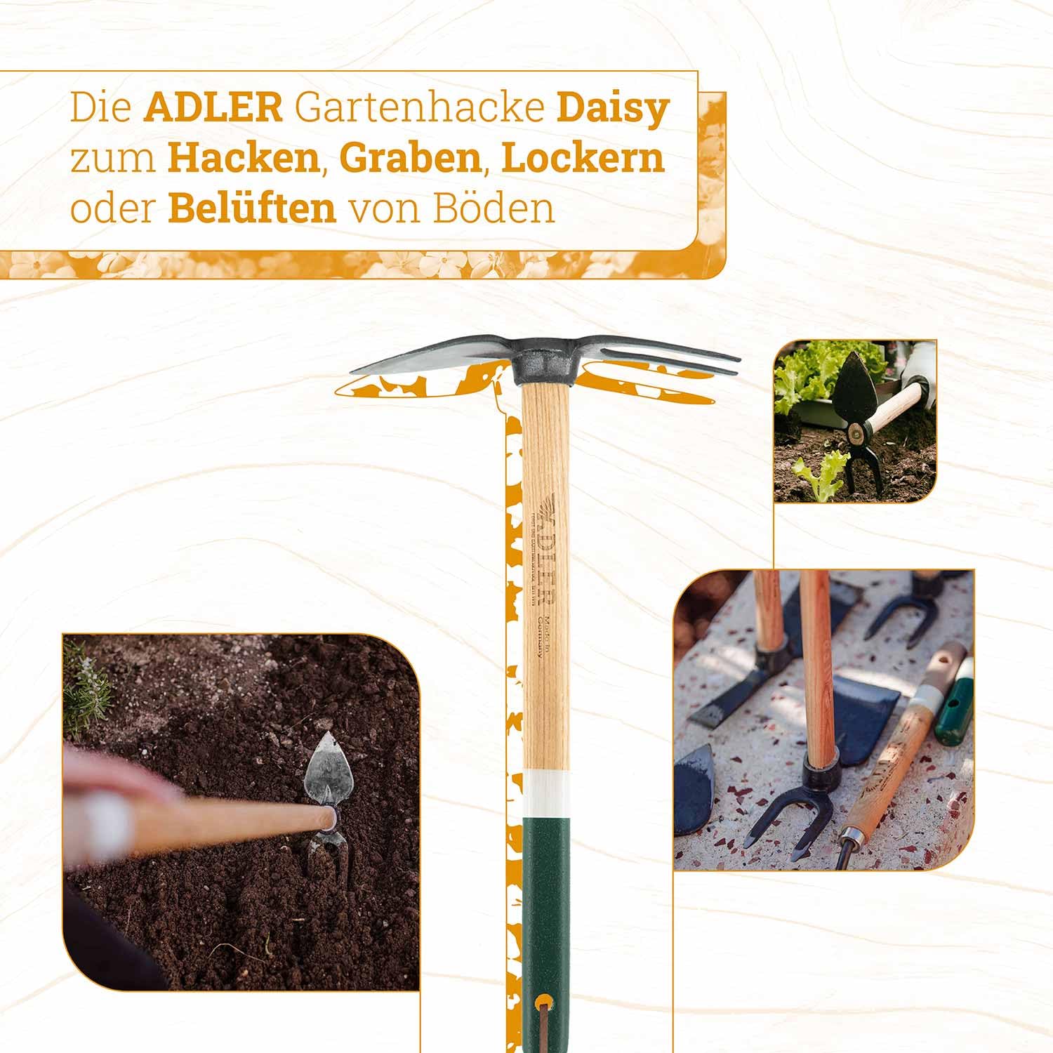 ADLER Zappa da giardino con foglia di cuore – Foglia appuntita per pavimenti pesanti, 3 lunghezze del manico FSC®, legno di frassino, acciaio forgiato C45, bianco/verde (M- 1050 mm bianco/verde)