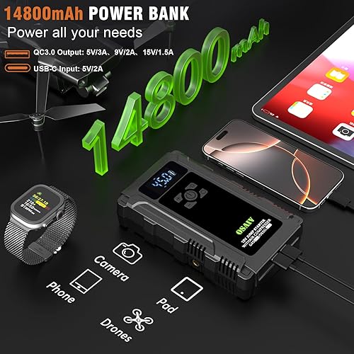 Miniatura 4 de Arrancador con compresor de aire, caja de batería de coche de 3000 A para vehículos diésel de 8.5 gas6.5 L, inflador de neumáticos de 150 PSI,