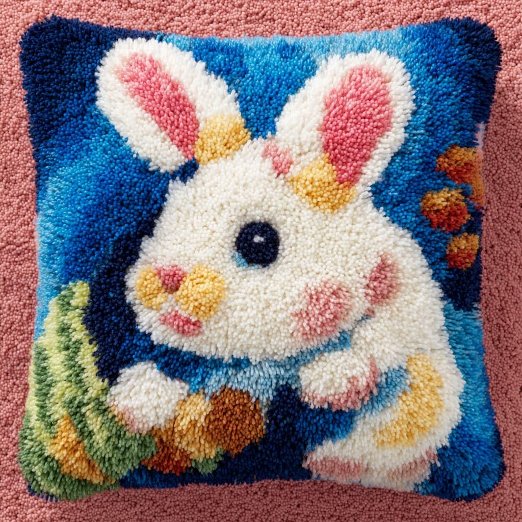 Taxpy DIY Latch Hook Cushion Kits, Animal Rabbit Needlework Embroidery Set Crochet Needlework Crafts with Latch Hook Tool 43x43cm