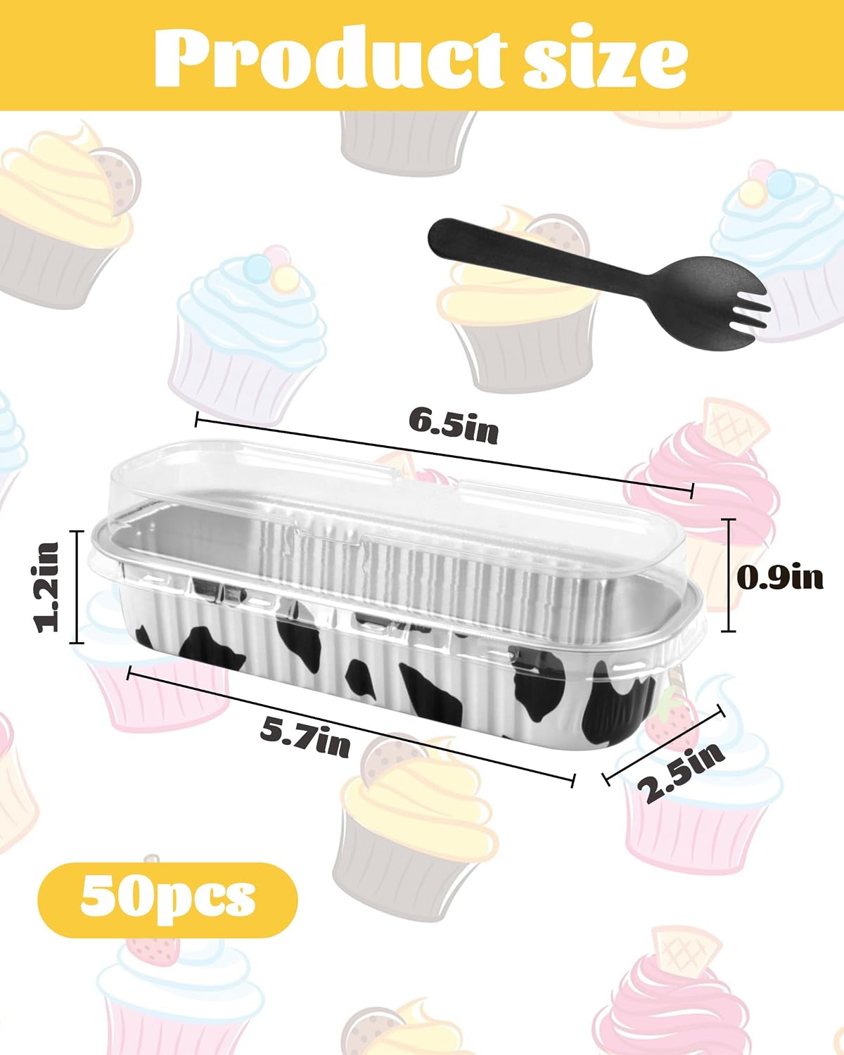 Mini Cake Pans with Lids & Spoons, 6.8oz 50 Pack Aluminum Mini Loaf Pans, Oven Safe Disposable Baking Tins for Brownie Cheesecake Lasagna,Cowprint