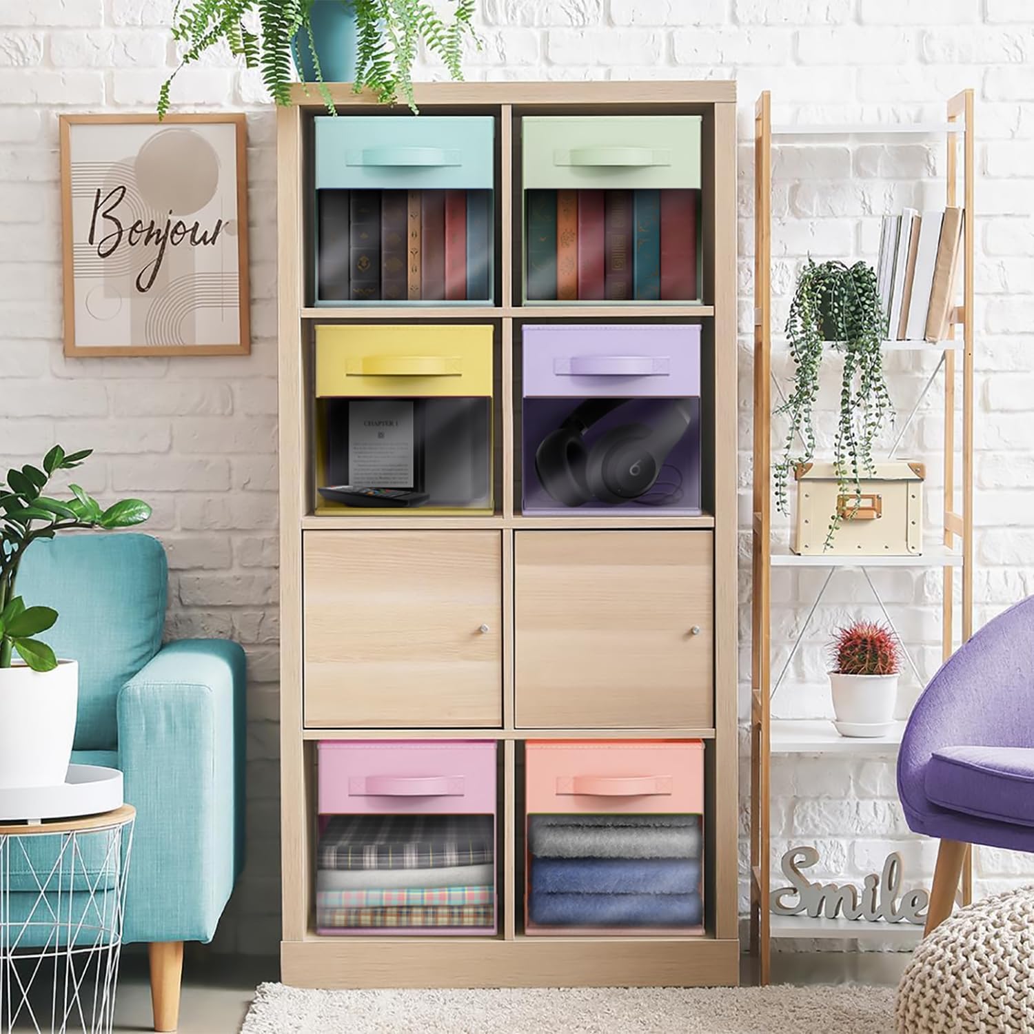 Sorbus 11 Inch Storage Bins with Clear Window - 6 Foldable Baskets for Organizing Clothes, Toys, Books - Sturdy Collapsible Fabric Storage Cubes with Handle - Storage Baskets for Shelves, Closets