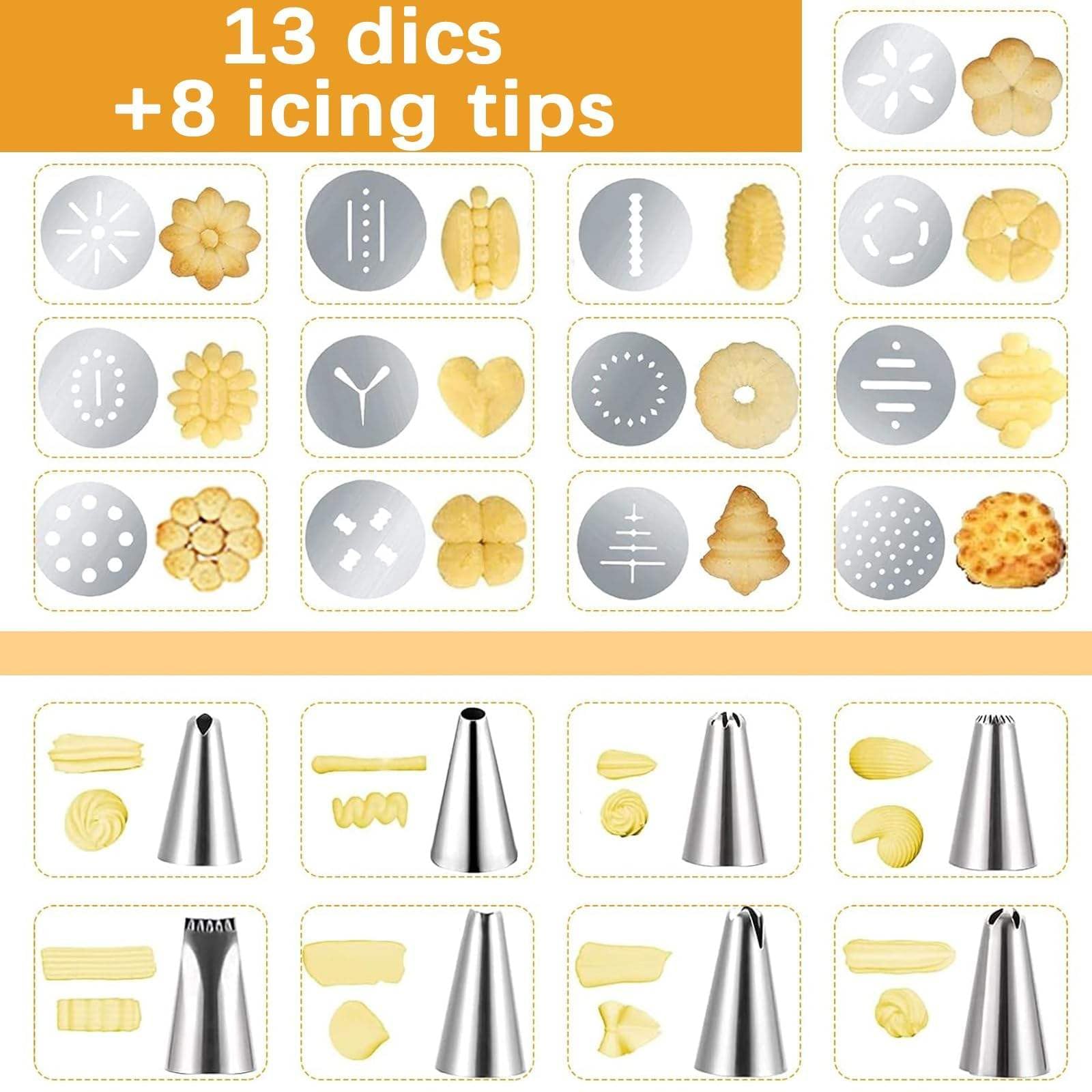 Pistola per Biscotti in Acciaio Inossidabile, Dischi per stampi per Biscotti Strumenti per Decorare Torte con 8 ugelli per tubazioni e 13 Dischi per Biscotti, Kit per Biscotti