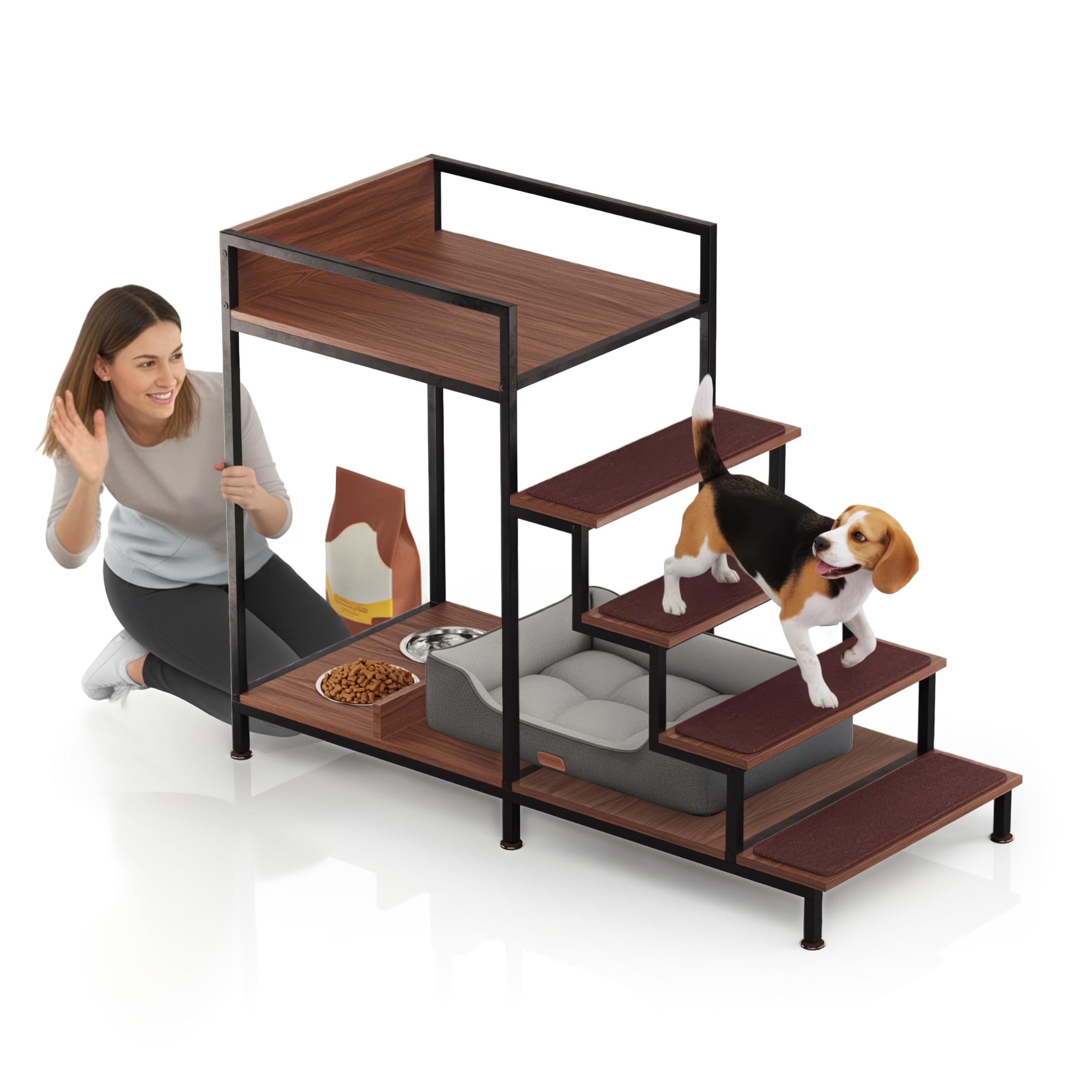 Dog Window Perch with Stairs - Multilevel Perch to Look Out Window with 130 lbs Load Capacity - Pet Bunk Bed with Feeding Station & Anti-Slip Carpet (
