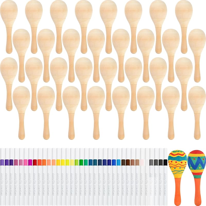 6 piezas DIY Mini maracas de madera sin terminar con 6 piezas de bolígrafos multicolores Fiesta Maracas mexicanas Favores Cinco De Mayo Suministros para fiestas Decoraciones