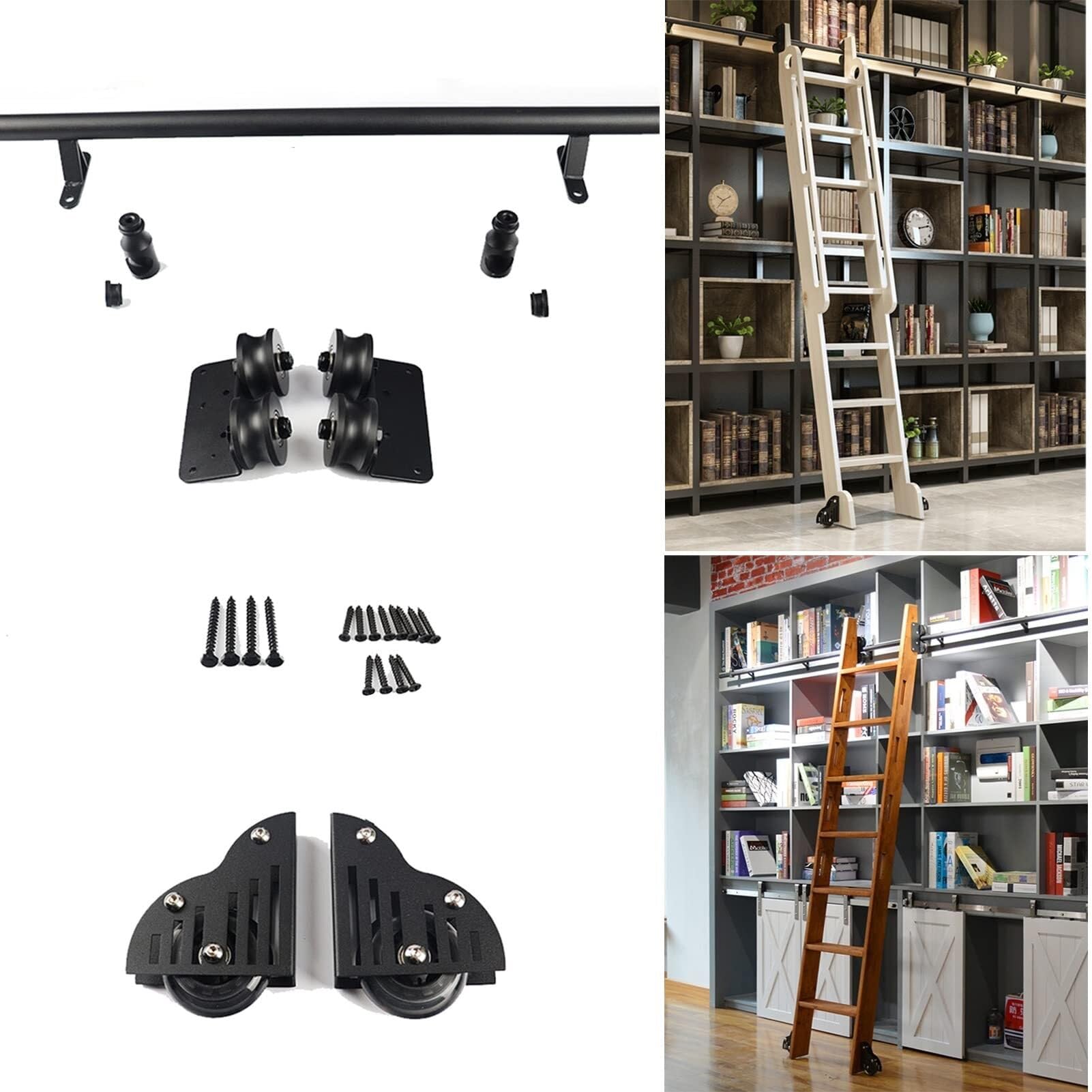Kit de quincaillerie pour échelle de bibliothèque roulante en acier robuste de couleur noire