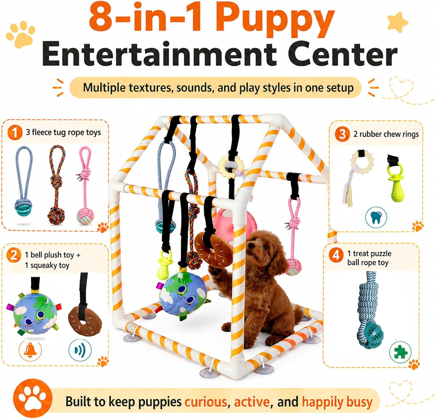 Puppy Play Gym for Small Dogs with 8 Hanging Toys & Bungee Straps image 3
