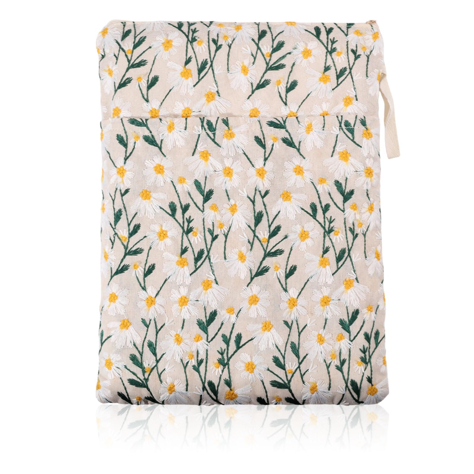 GLOBLELAND Flowers Embroidered Book Sleeve with Zipper 12×9.5inch White Daisy Books Protector Covers with Handle for Paperback and Hardcover Book Pouch Gifts for Reader Lovers Women Birthday