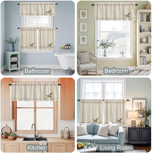 Miniatura 5 de Juego de 3 cortinas de cocina de piñas de Navidad, cenefa y bolsillo para barra, juego de cortinas rústicas retro a rayas francesas para cocina,