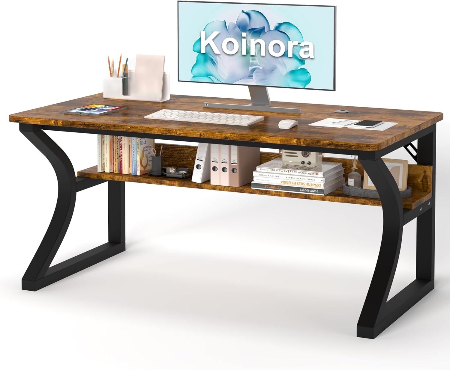 55 Inch Computer Desk with Storage Shelf, Home Office Desk for Small Spaces, Modern Writing Study Work Table with U-Shaped Metal Frame, Sturdy Gaming Desk for Bedroom (Rustic Brown, 55 inch)