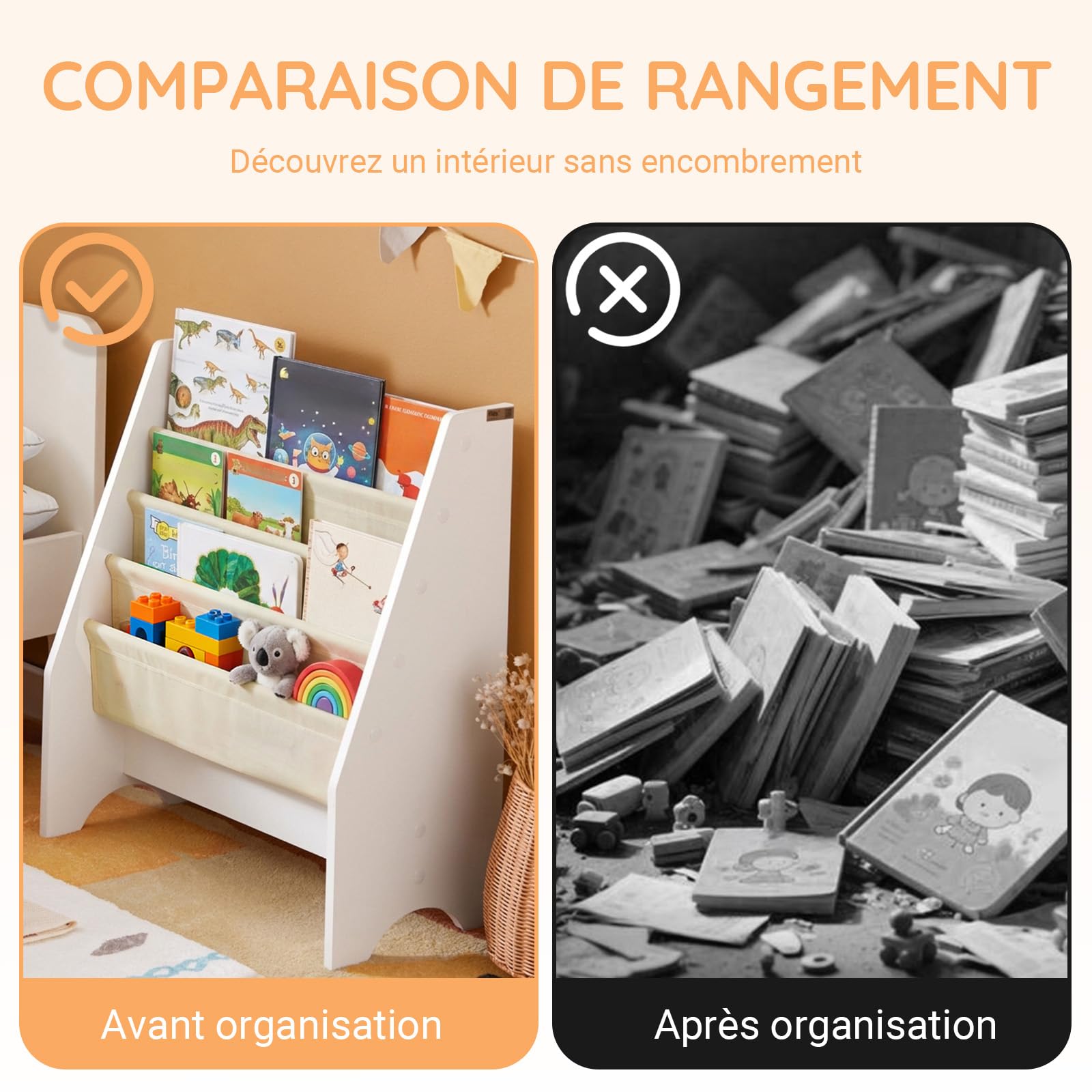 SoBuy Bibliothèque Enfant Rangement Jouet Enfant avec 4 Poches Tissu Étagère Chambre pour Jouet et Livre Bibliothèque Meuble de Rangement Blanc 62x30x71cm FRG225-W