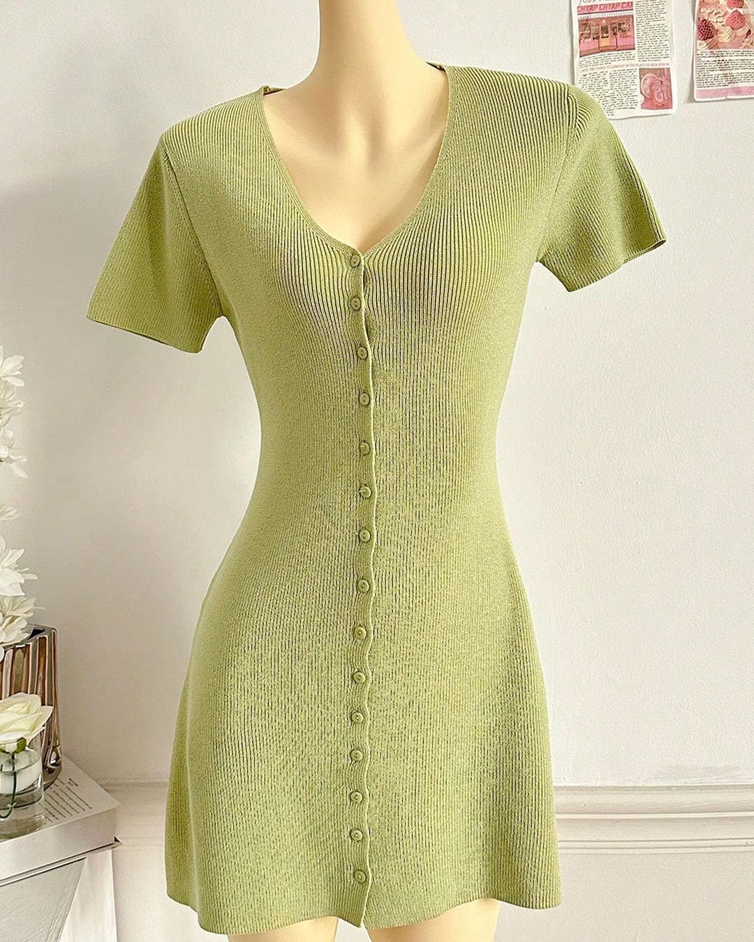LOFAAC Women Sexy V Neck Button Down Knitted Short Dress Slim Fit Cap Sleeve Flowy Swing Going Out Mini Dress Summer - Image 4