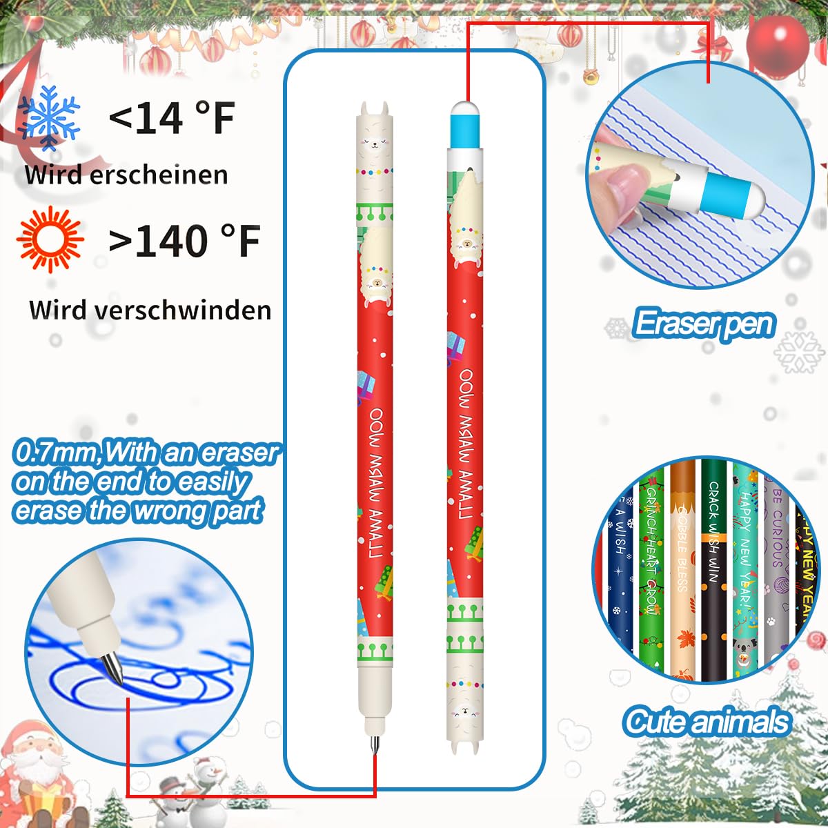 Set of erasable gel pens - Bolígrafo de gel borrable, ball on the end to remove temperature sensitive, tip diameter 0.7 mm (18 bolígrafos borrables navideños)