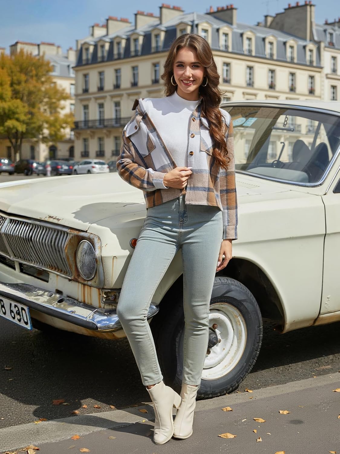 Women's Cropped Plaid Shacket Jacket Long Sleeve Button Down Shirt Coat Tops with Pockets - Image 2