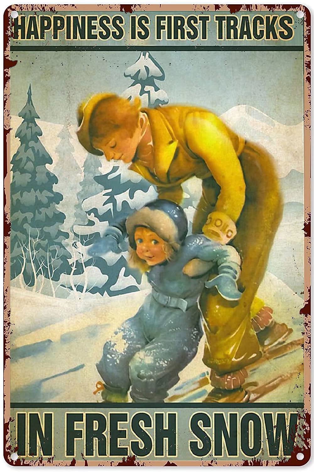 Parent Child Skiing Metal Signs, Fun Poster For Bar Kitchen Cafe Farmhouse Wall Decor 12x16 inch