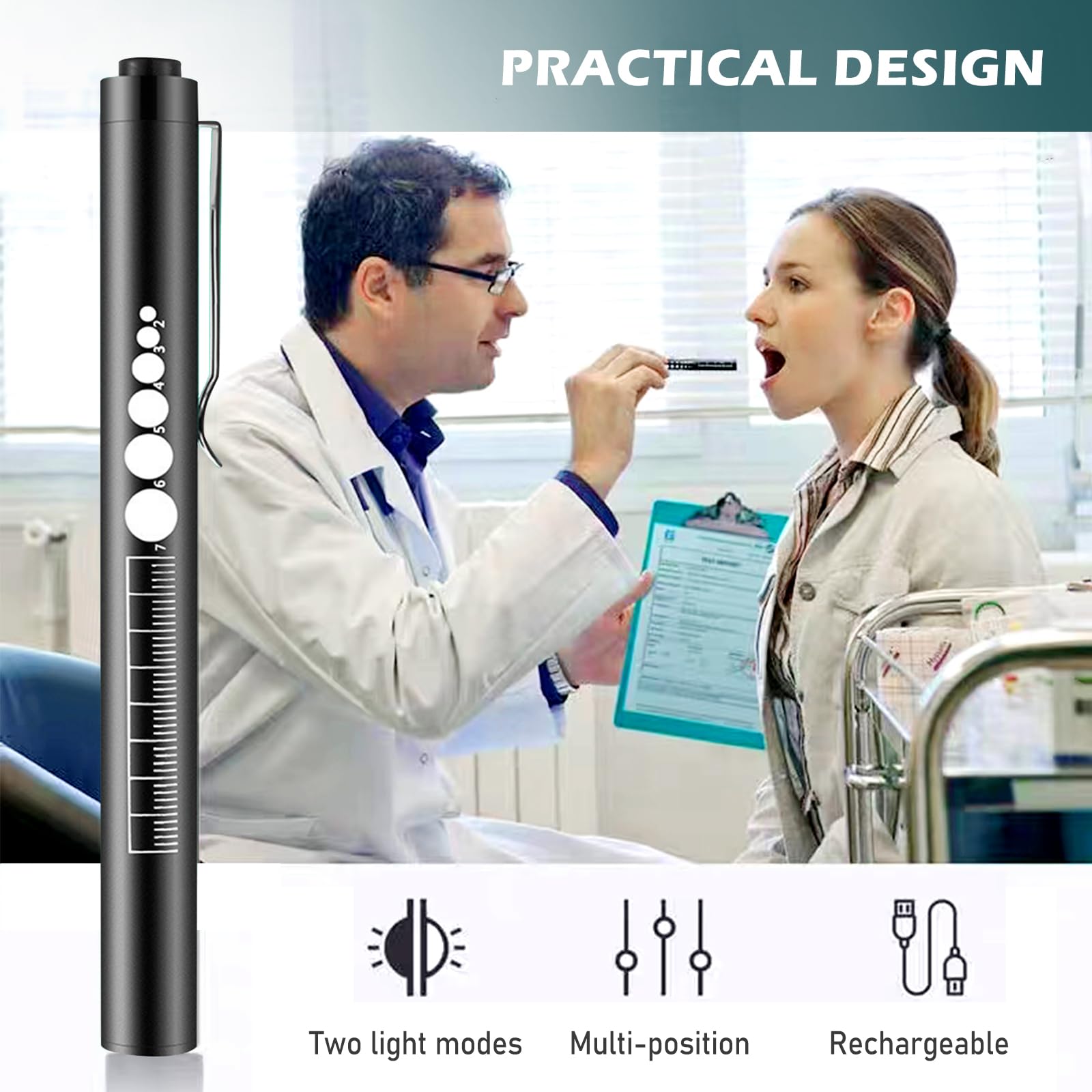 Produktbild von Diagnostikleuchte Pupillenleuchte 2er-Set – USB-C Aufladbar, Weiß/Warmlicht, Edelstahl, Mit Pupillenskala & Lineal