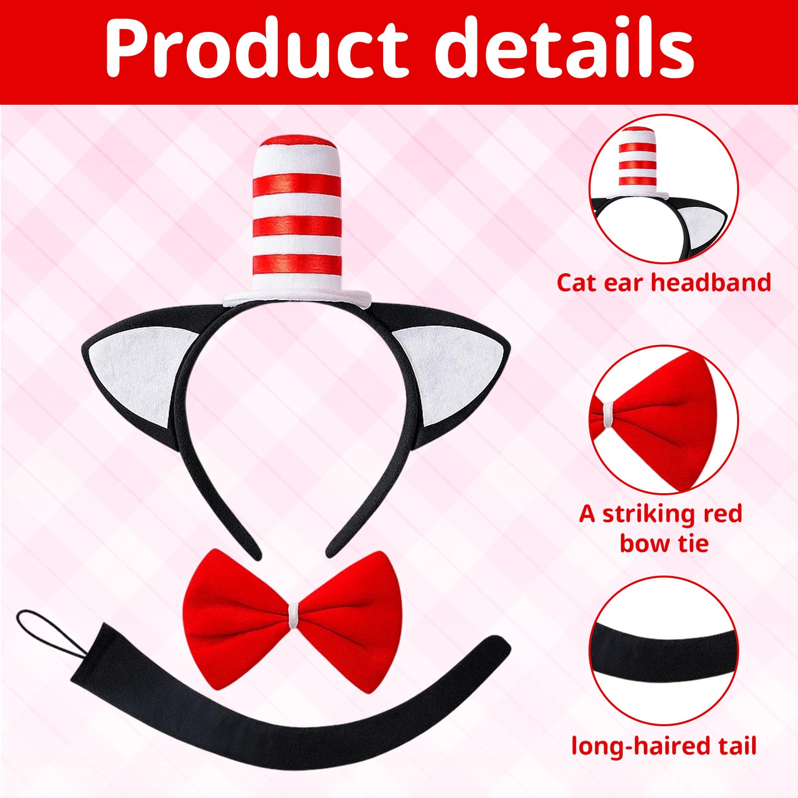 YTLSDHF 3-Piece Cat Costume Accessory Set, Cat In The Hats Costumes, Cat Ears Headband With Red Bow, Cat Ears And Tail - Image 3