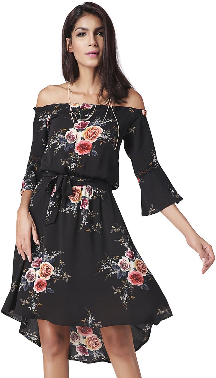 Women's Floral Off Shoulder Ruffles Chiffon Party Dress(XL,Black)