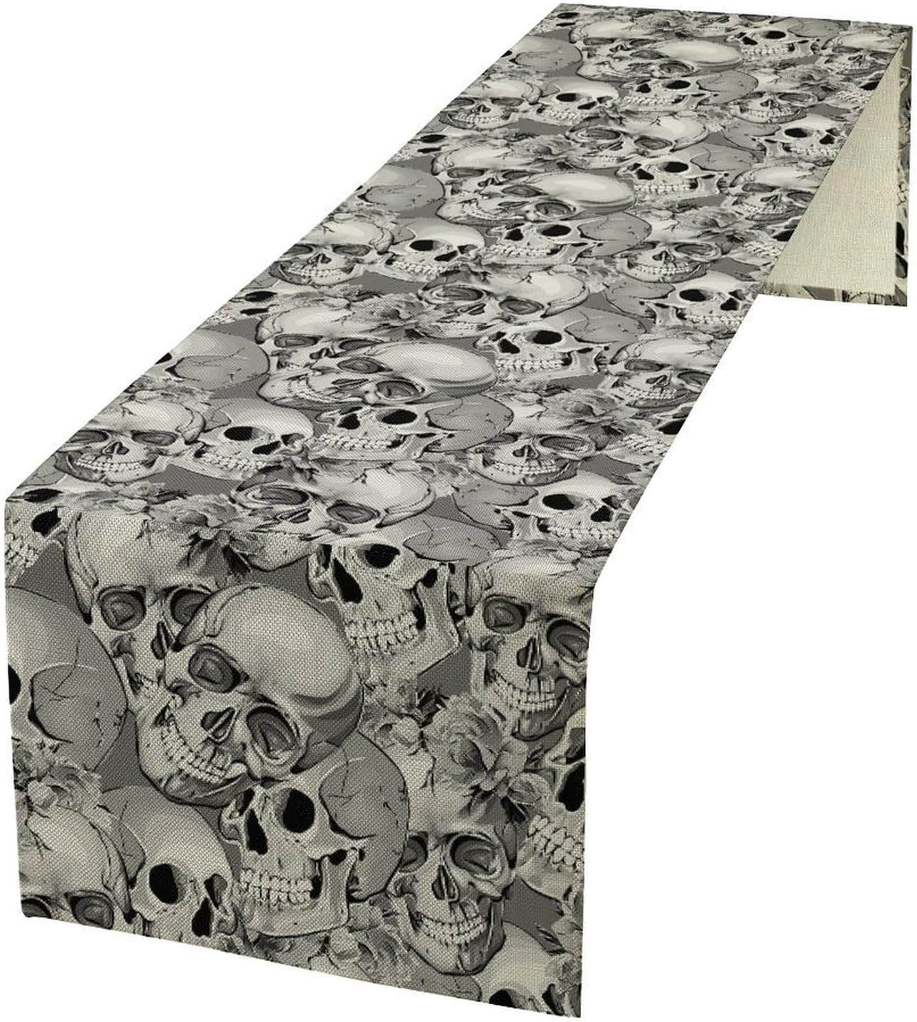 Spooky Gothic Skull Table Runner Abstract Retro Horror Skeleton Wall Black Grey Table Decor for Home Party Country Dresser Dining Indoor Outdoor Holiday Decorations 13×120in