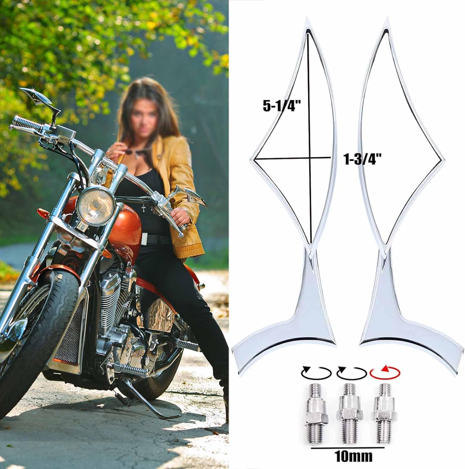 Chrome 8mm/10mm Motorcycle Blade Steady CNC Aluminum Rearview Side Mirrors Compatible with Cruiser Chopper Street Bike Scooter Dirt Bike