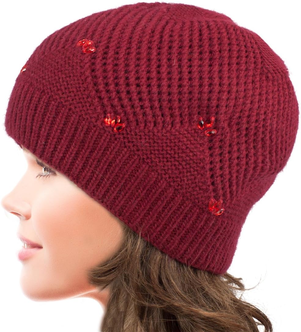Dahlia Women's Skullies & Beanies - Wool Slouch Beanie, Rhinestone/Bow