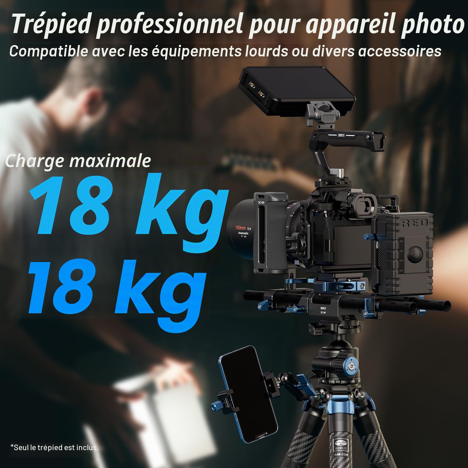 SIRUI AM-324 Trépied Professionnel pour Appareil Photo, 57'' Trépied Compact en Fibre de Carbone pour Appareil Photo, 4 Sections avec Tube de Diamètre Max. 32 mm, Charge Jusqu'à 39,8lbs/18kg