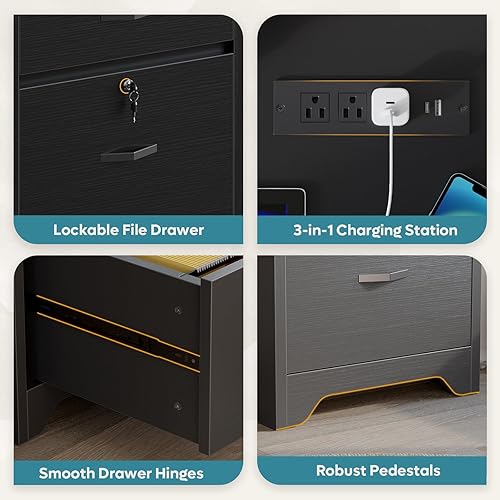 Miniatura 5 de Bestier Escritorio de oficina de 59 pulgadas con cajones con cerradura, moderno escritorio para computadora con cajón de archivos, estación de carga